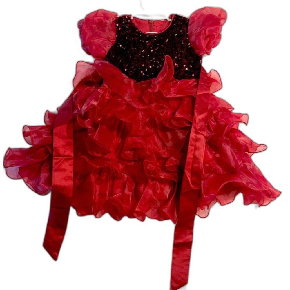 Girls Size 4T Red Sequin Puffed Sleeves Tiered Ruffle Party Dress